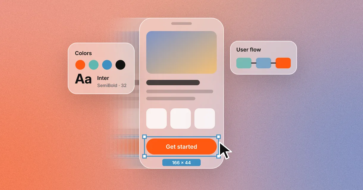 Mobile interface being designed, with selection handles, cursor, colour palette and user flow